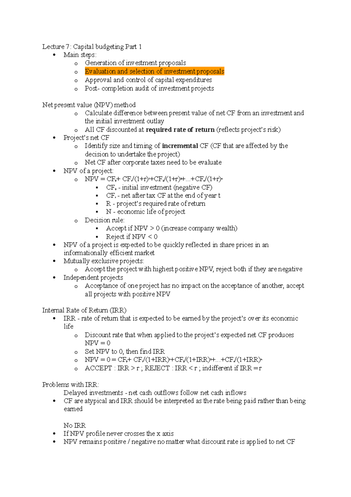 Lecture 7 - Lecture 7: Capital budgeting Part 1 Main steps: o ...