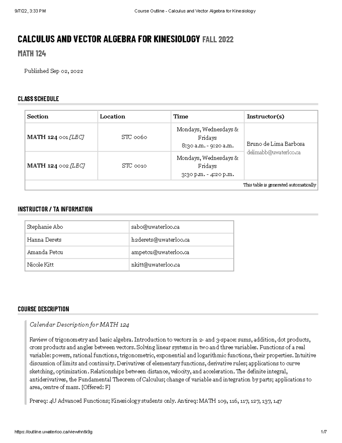 Course Outline - Calculus and Vector Algebra for Kinesiology - CALCULUS ...