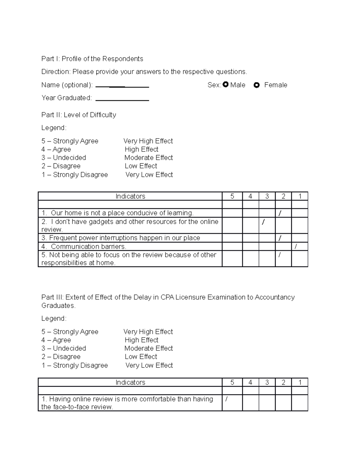 Questionnaire and Lecture notes - Part I: Profile of the Respondents ...