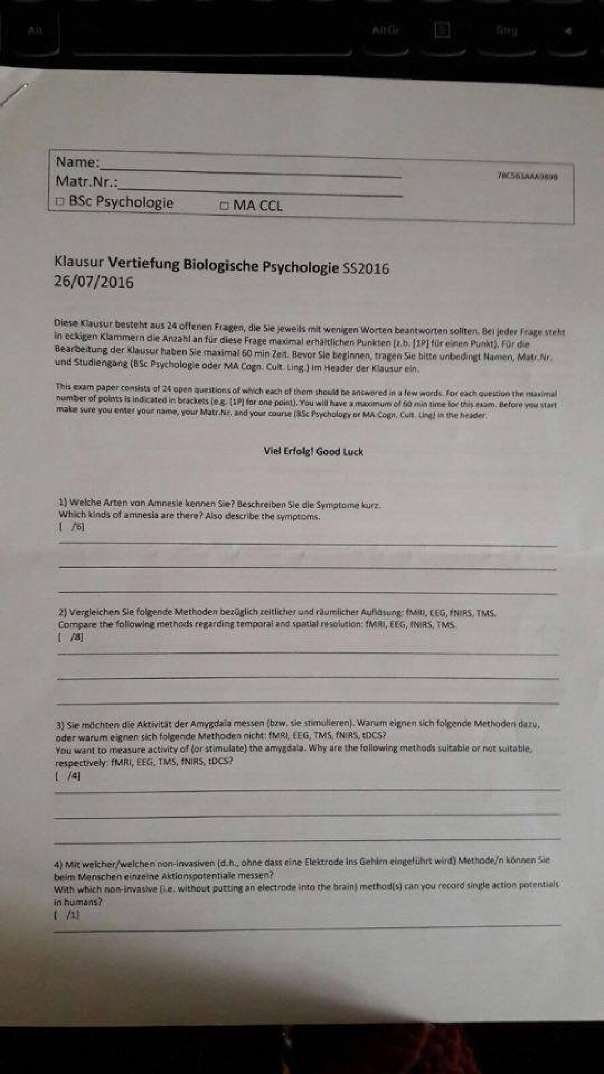 Klausur Sommersemester 2015, Fragen - Grundlagen Der Biologischen ...