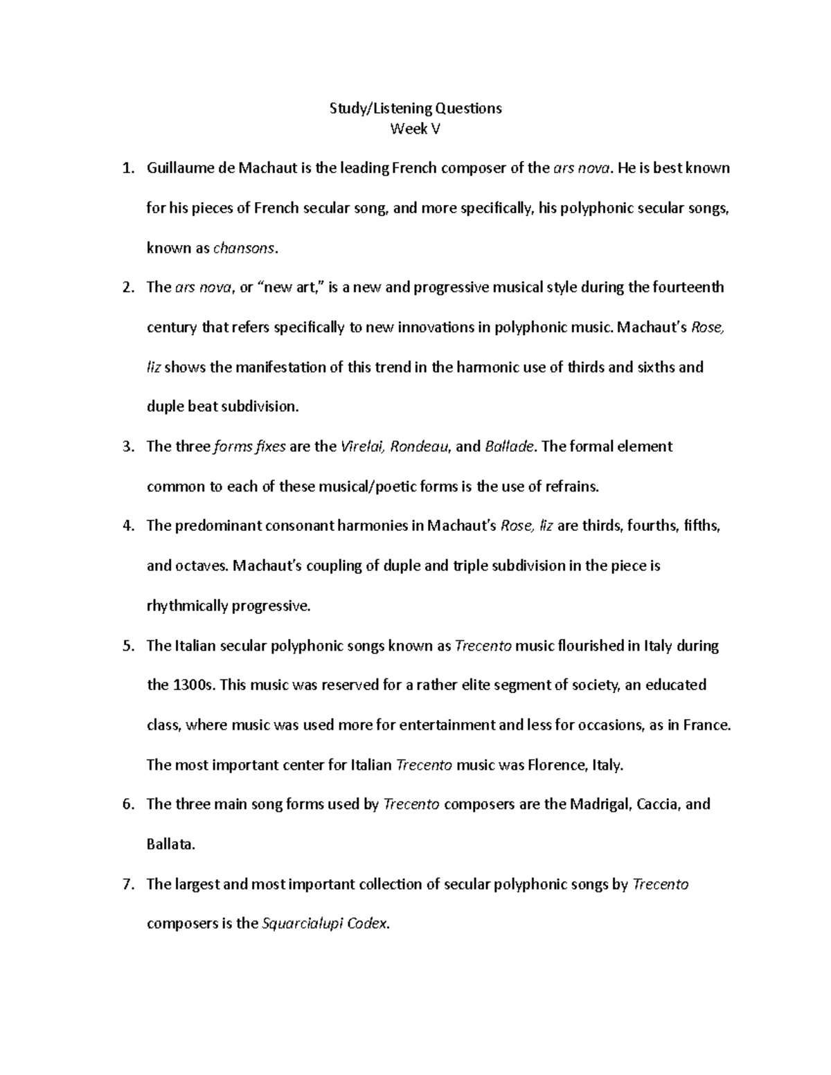 Music History Study Questions Week V Studocu