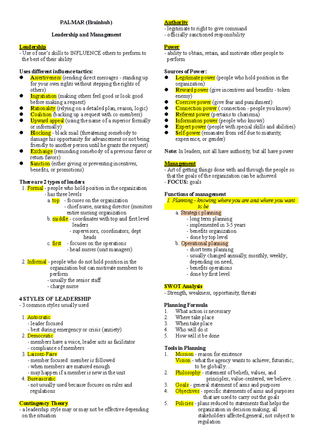 Scribd - Notes - PALMAR (Brainhub) Leadership and Management Leadership ...