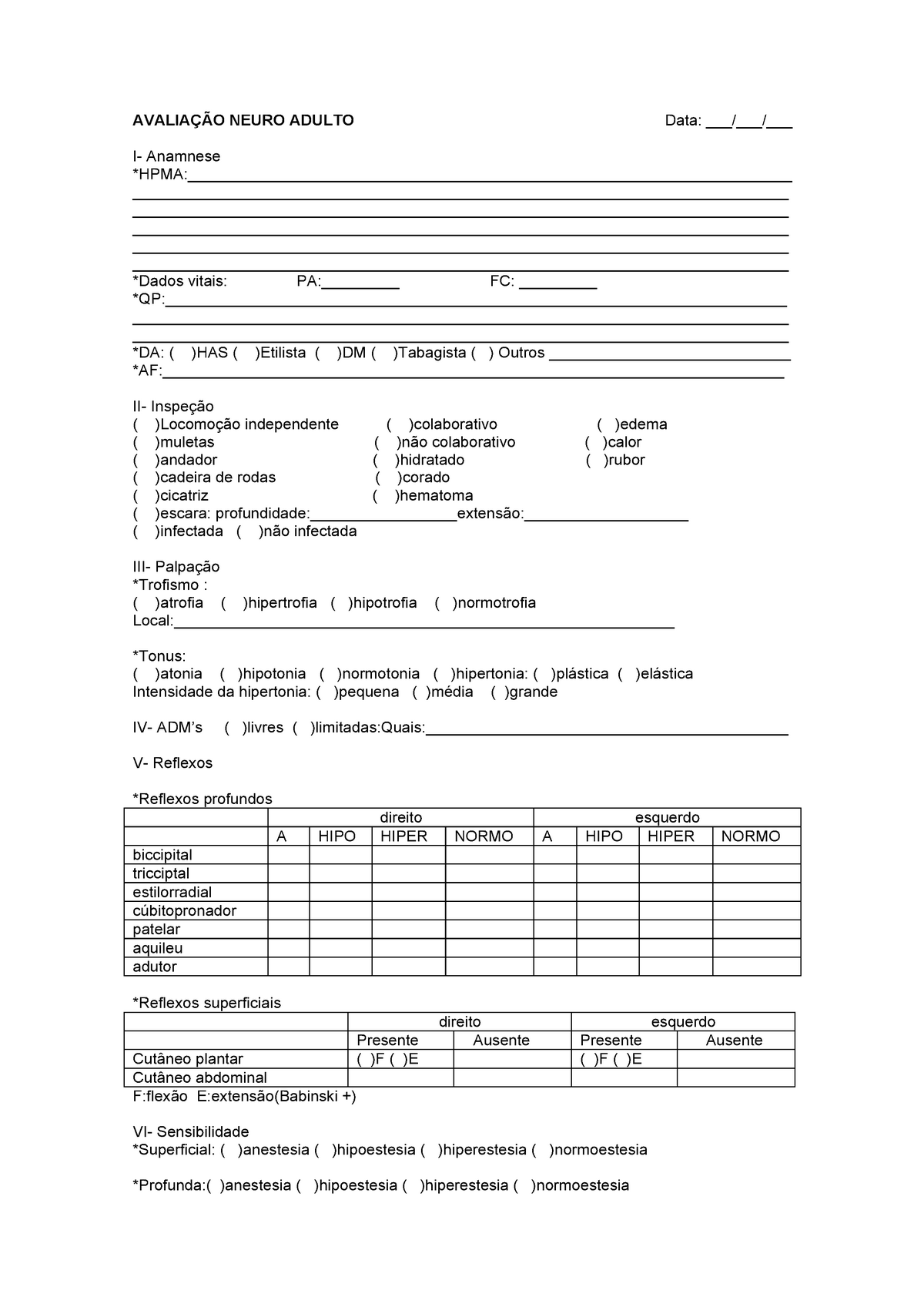 ficha anamnese - Fisioterapia Neurofuncional