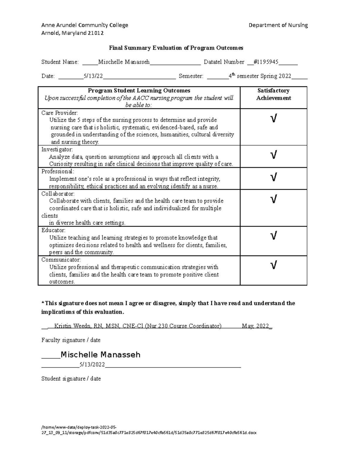 Final Summary Evaluation of Program Outcomes (Facesheet) signed - Anne ...
