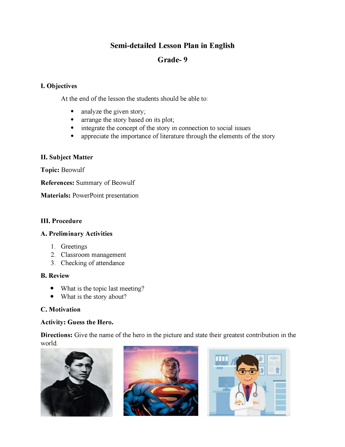 Beowulf Lesson Plan - Semi-detailed Lesson Plan in English Grade- 9 I ...