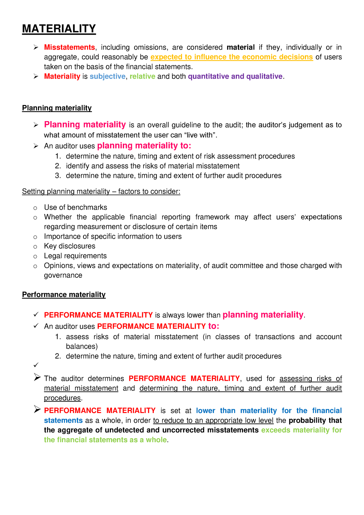 AUE2601 Topic 3 Materiality Summary Notes - MATERIALITY Misstatements ...