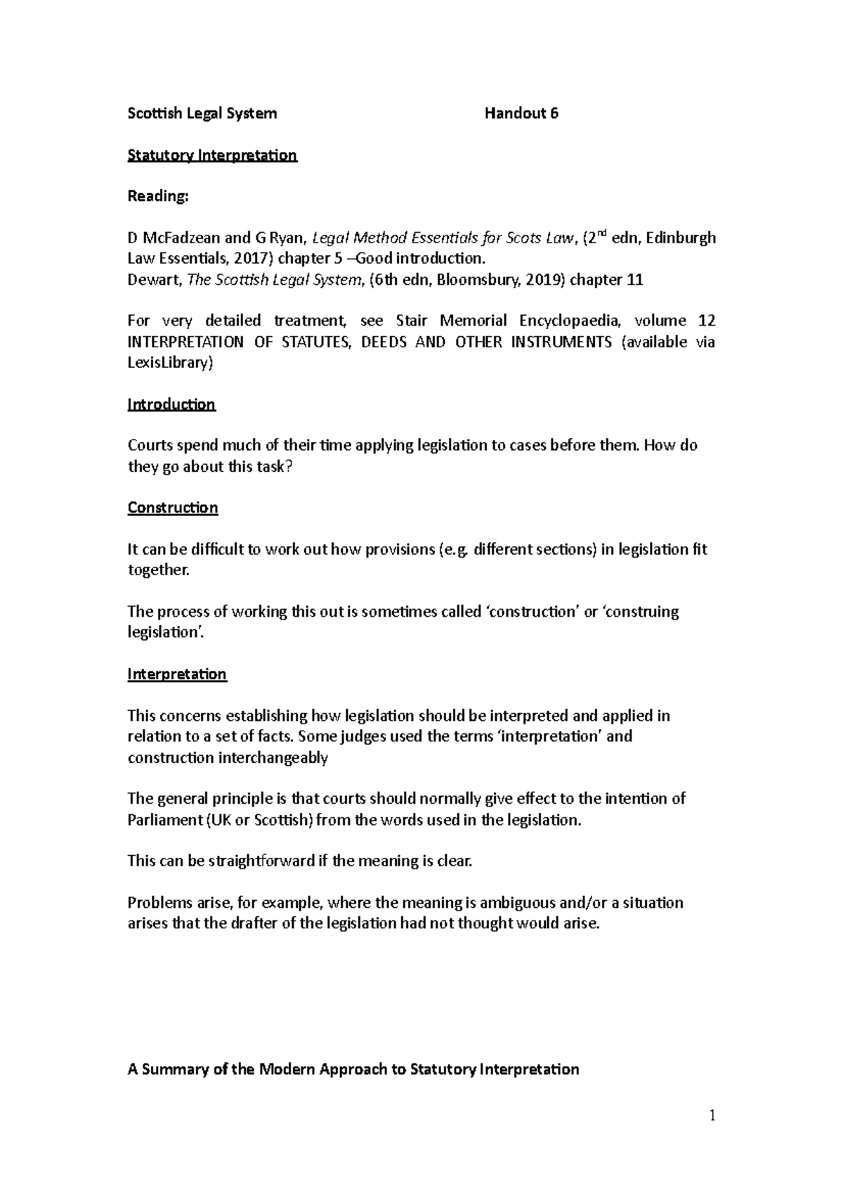 Lecture 6 - Statutory Interpretation - Scottish Legal System Handout 6 ...