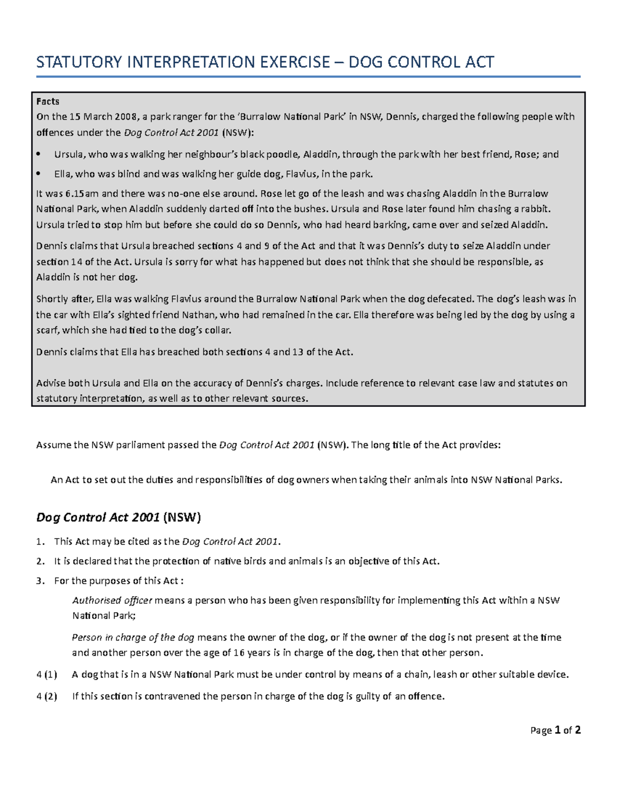 Dog Control Act Exercise For Students STATUTORY INTERPRETATION