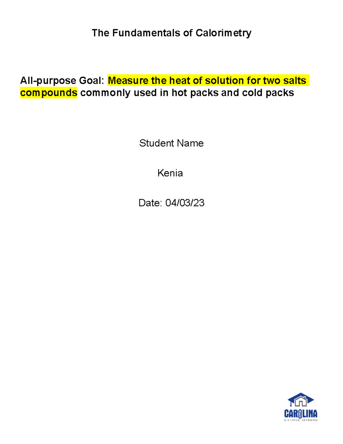 Arellano Kenia LAB Experiment 6 The Fundamentals of Calorimetry All