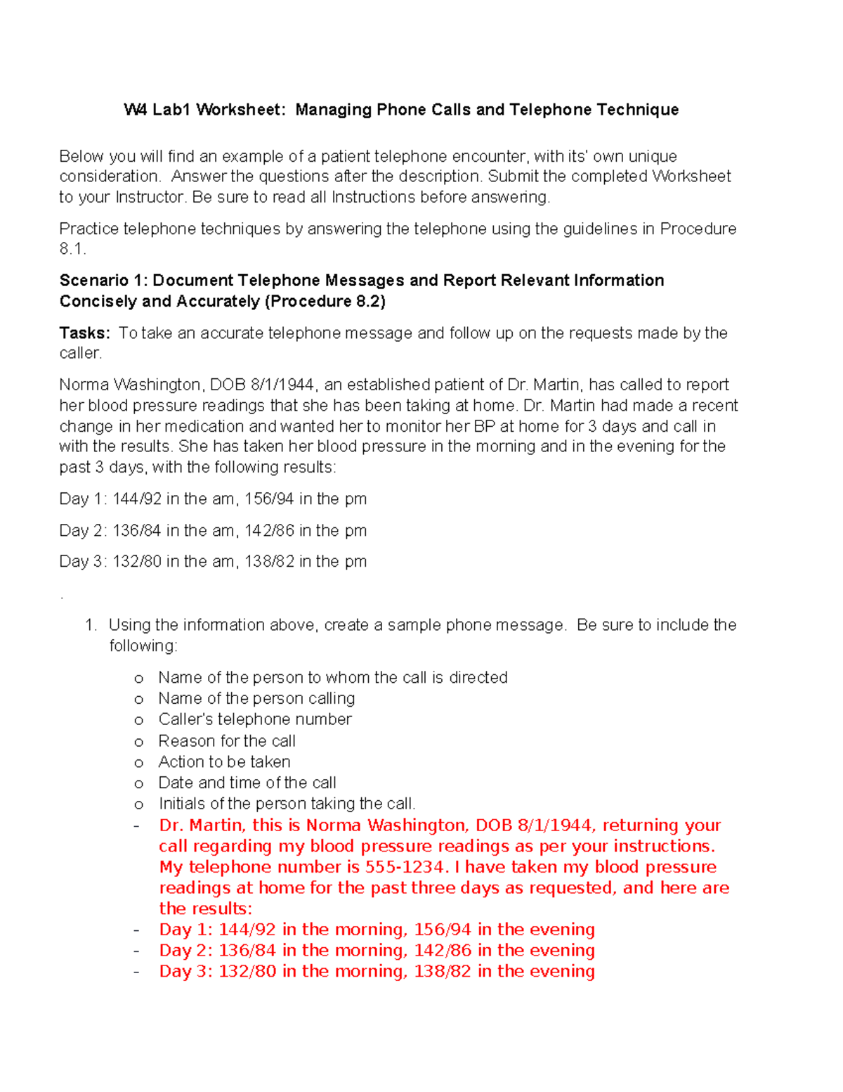 MOA110 LAB 4 - GOOD. - W4 Lab1 Worksheet: Managing Phone Calls And ...