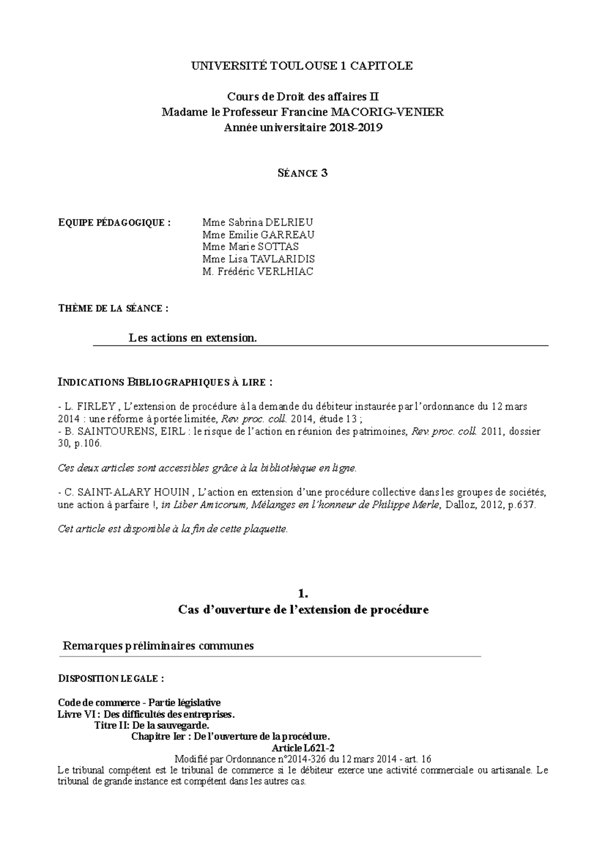 Article L621 2 Du Code De Commerce TD 3. Plaquette - UNIVERSITÉ TOULOUSE 1 CAPITOLE Cours de Droit des  affaires II Madame le Professeur - Studocu