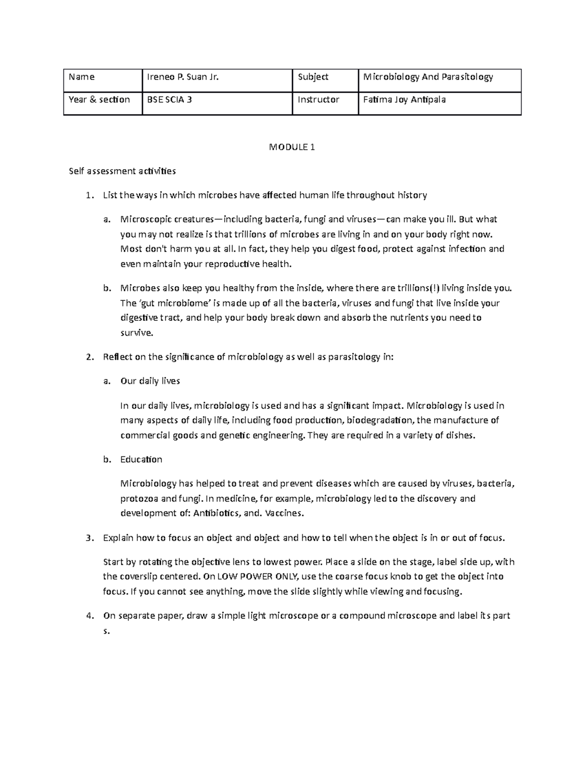 Microbio output 2 - Name Ireneo P. Suan Jr. Subject Microbiology And ...