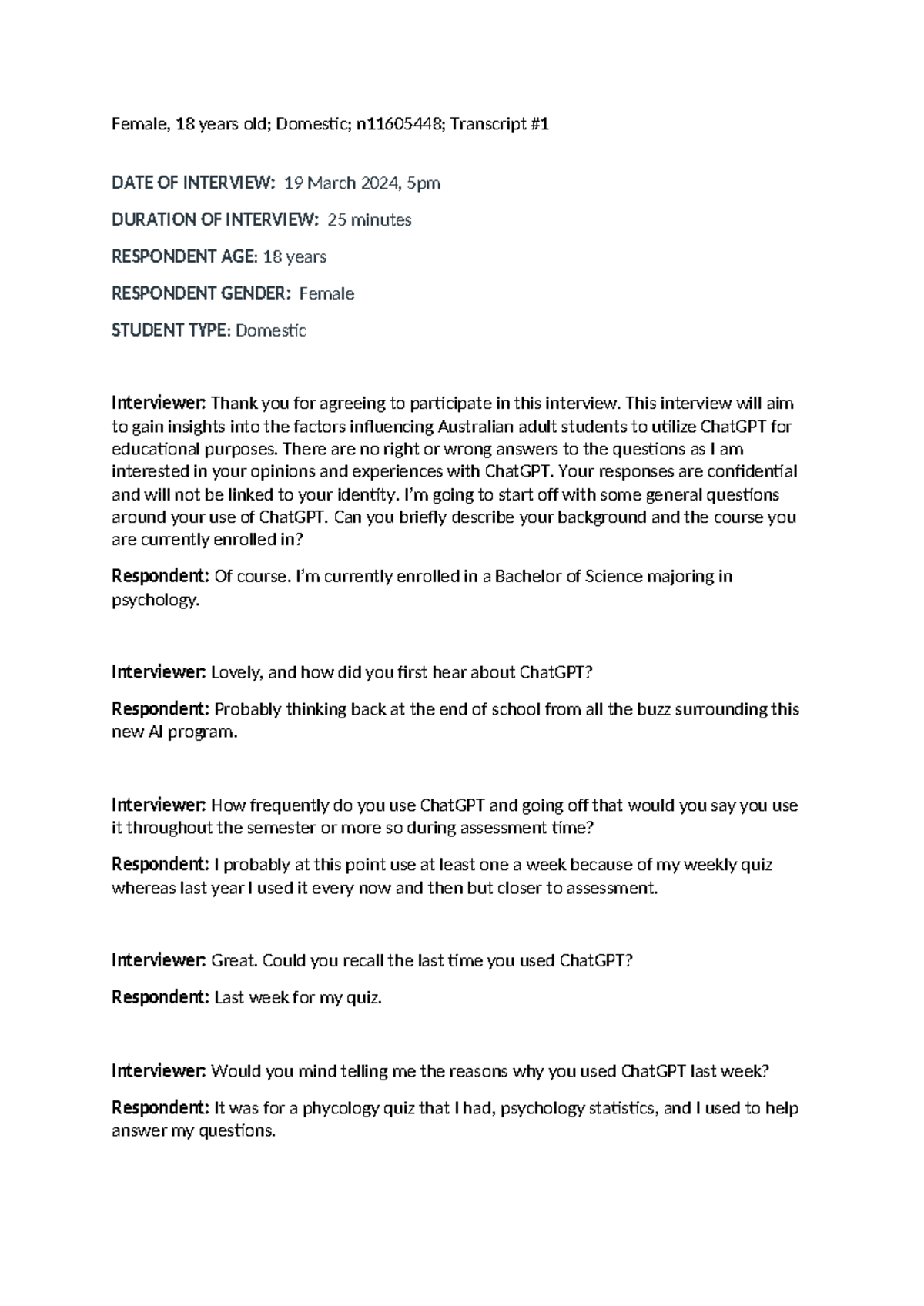 Interview for qualitative research part 2 - Female, 18 years old ...
