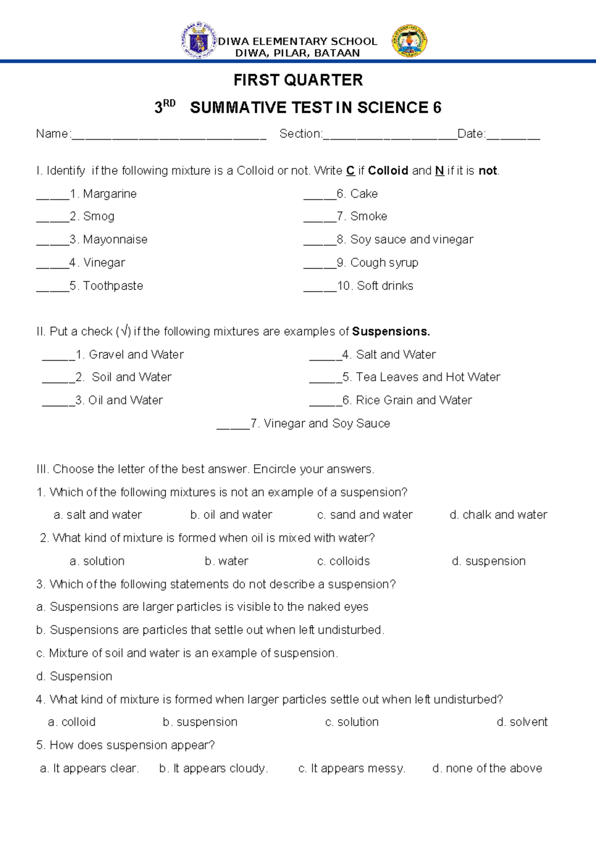 3RD Summative - quiz - DIWA, PILAR, BATAAN FIRST QUARTER 3 RD SUMMATIVE ...