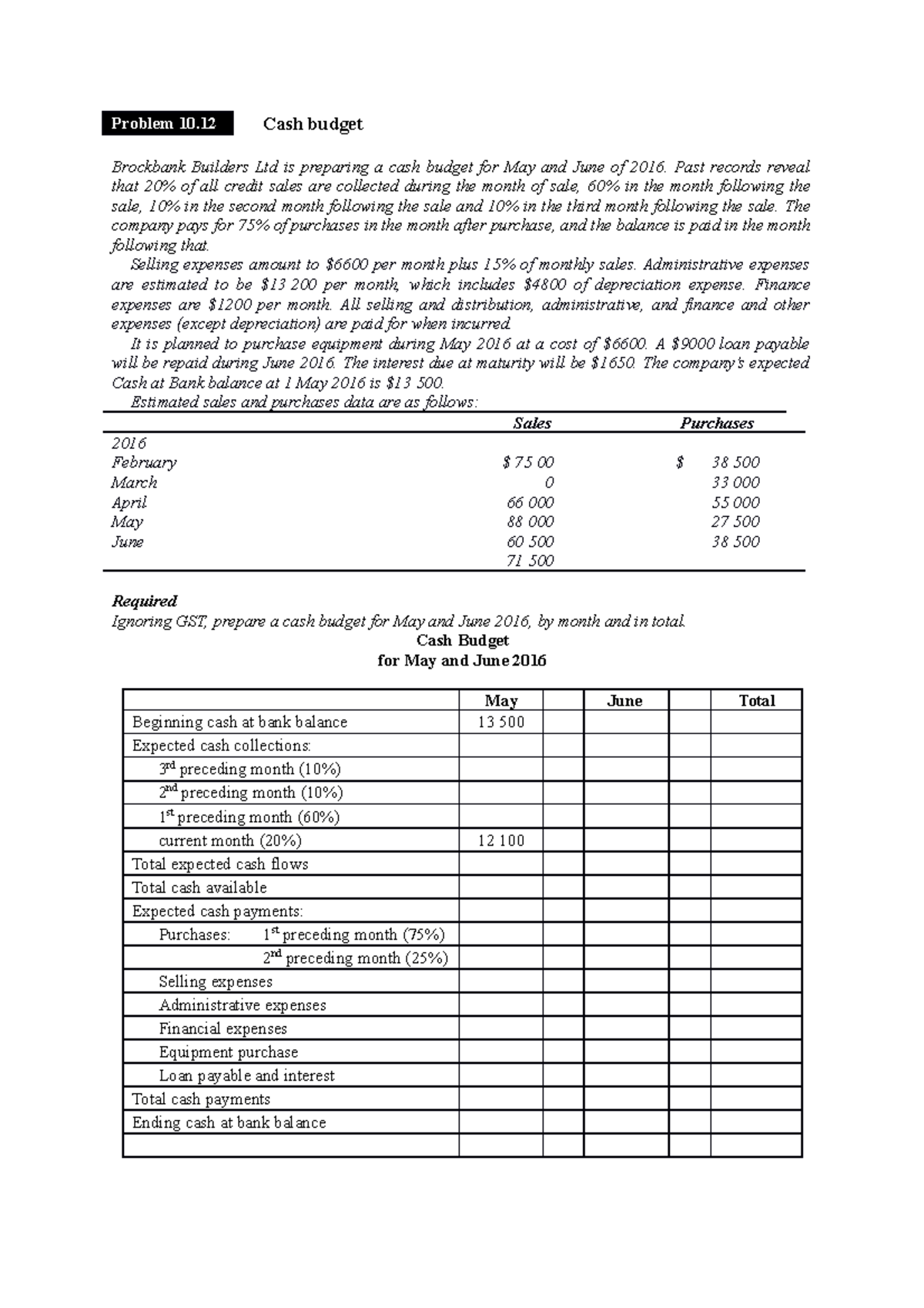 Cash Budget Illustrative Question - Problem 10 Cash budget Brockbank ...