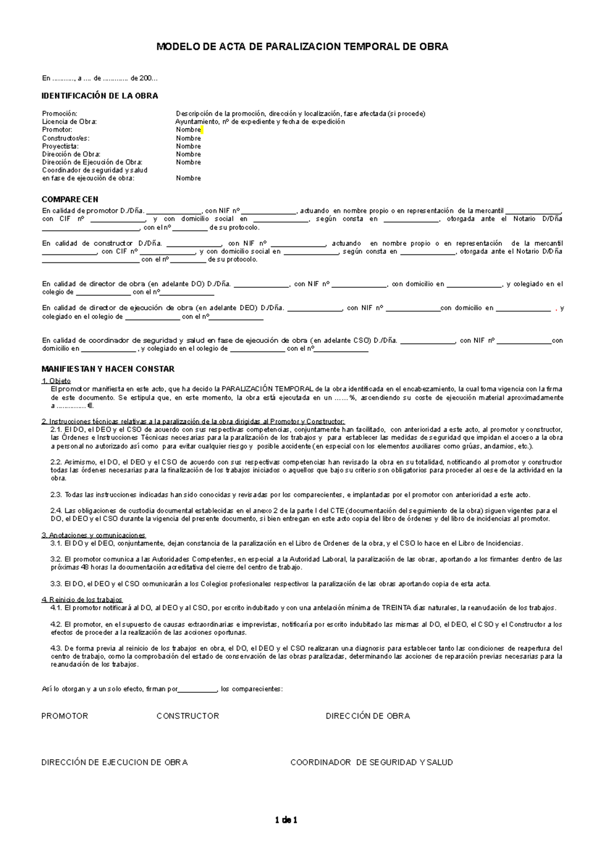 Paralizacion Actas De Reinicio De Obra Modelo De Acta De