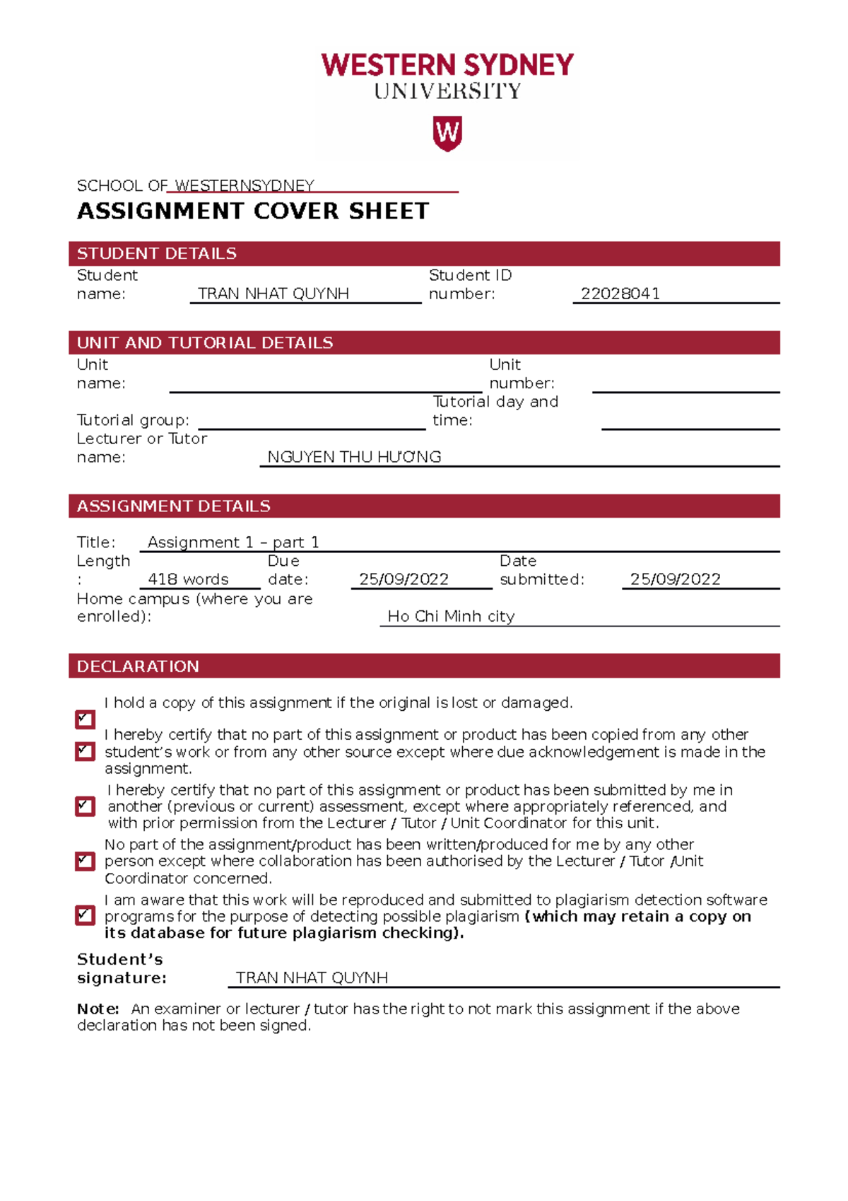 Individual Assignment Cover Sheet WSU - SCHOOL OF WESTERNSYDNEY ...