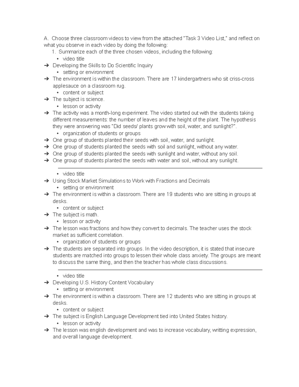 Assesing Impact on Student Learning Task 3 - A. Choose three classroom ...