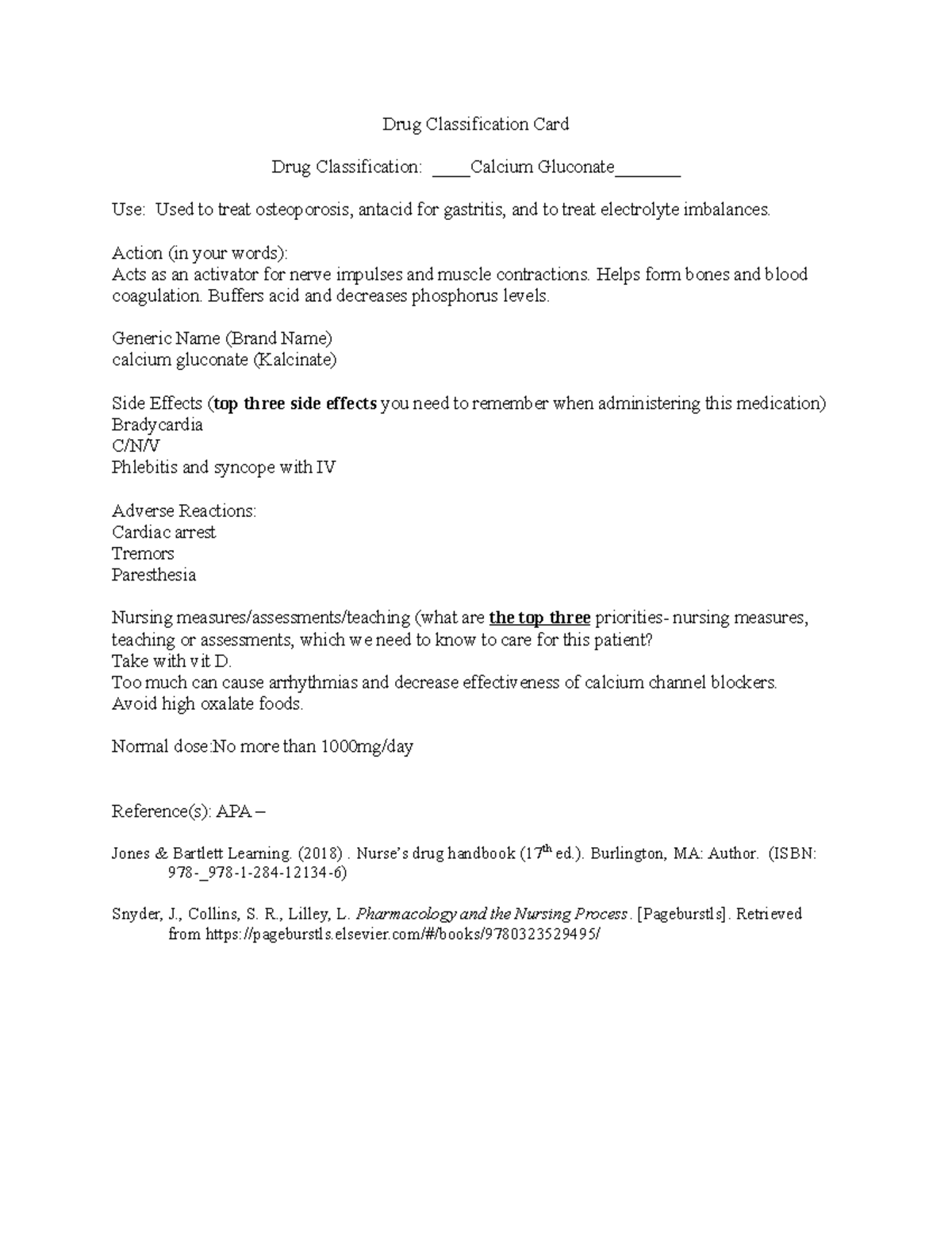 calcium salt drug card Drug Classification Card Drug Classification