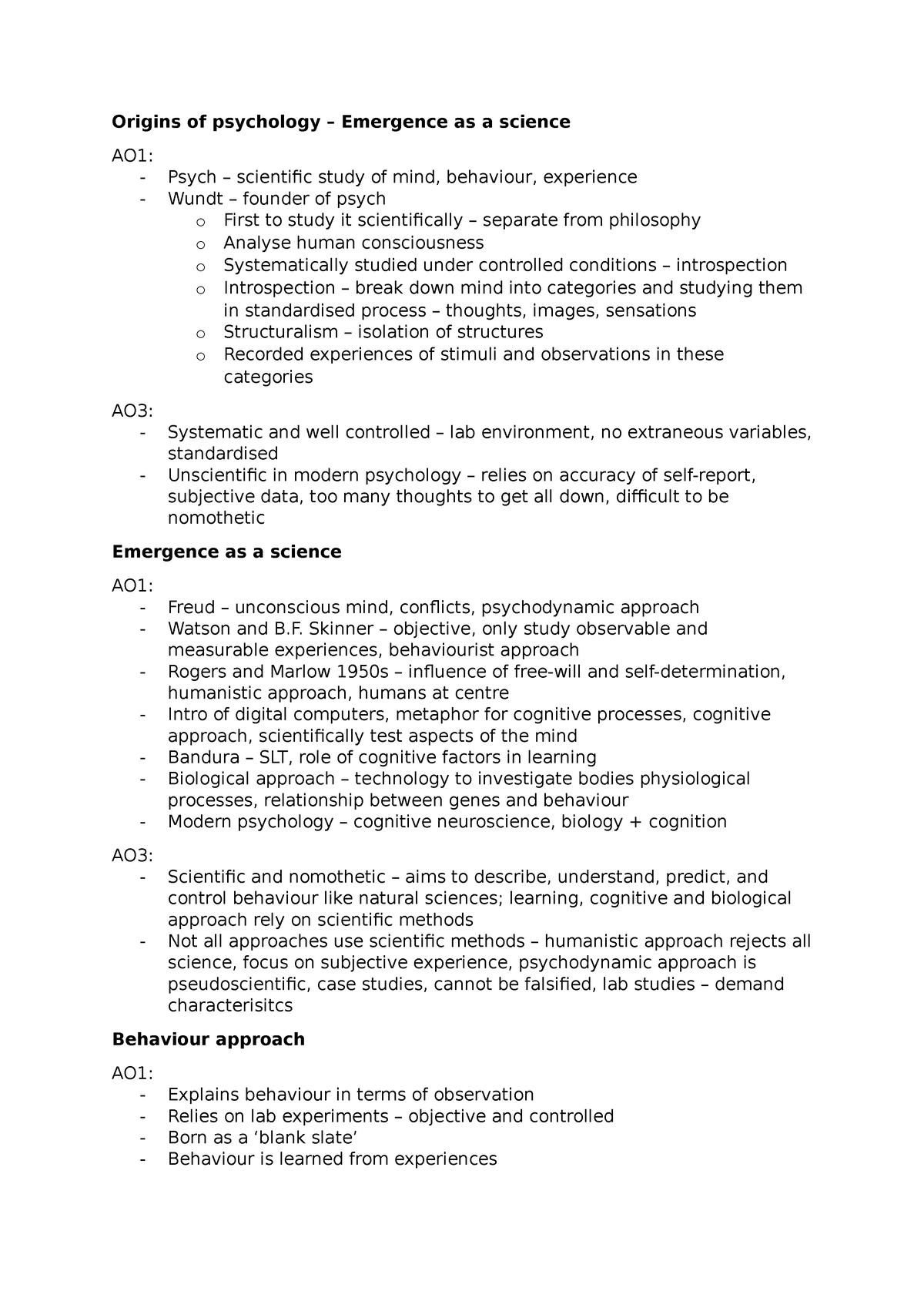 approaches-summary-origins-of-psychology-emergence-as-a-science-ao1