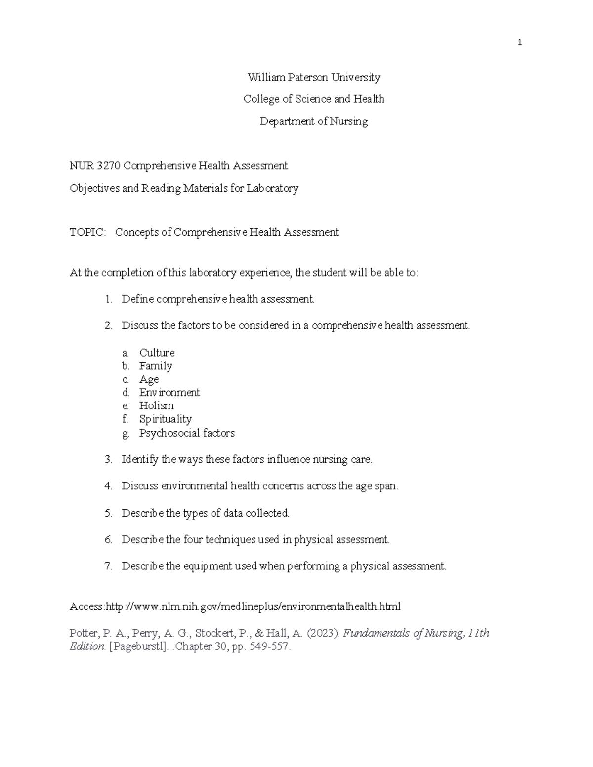 NUR 3270 FALL 2023 Lab objectives - William Paterson University College ...