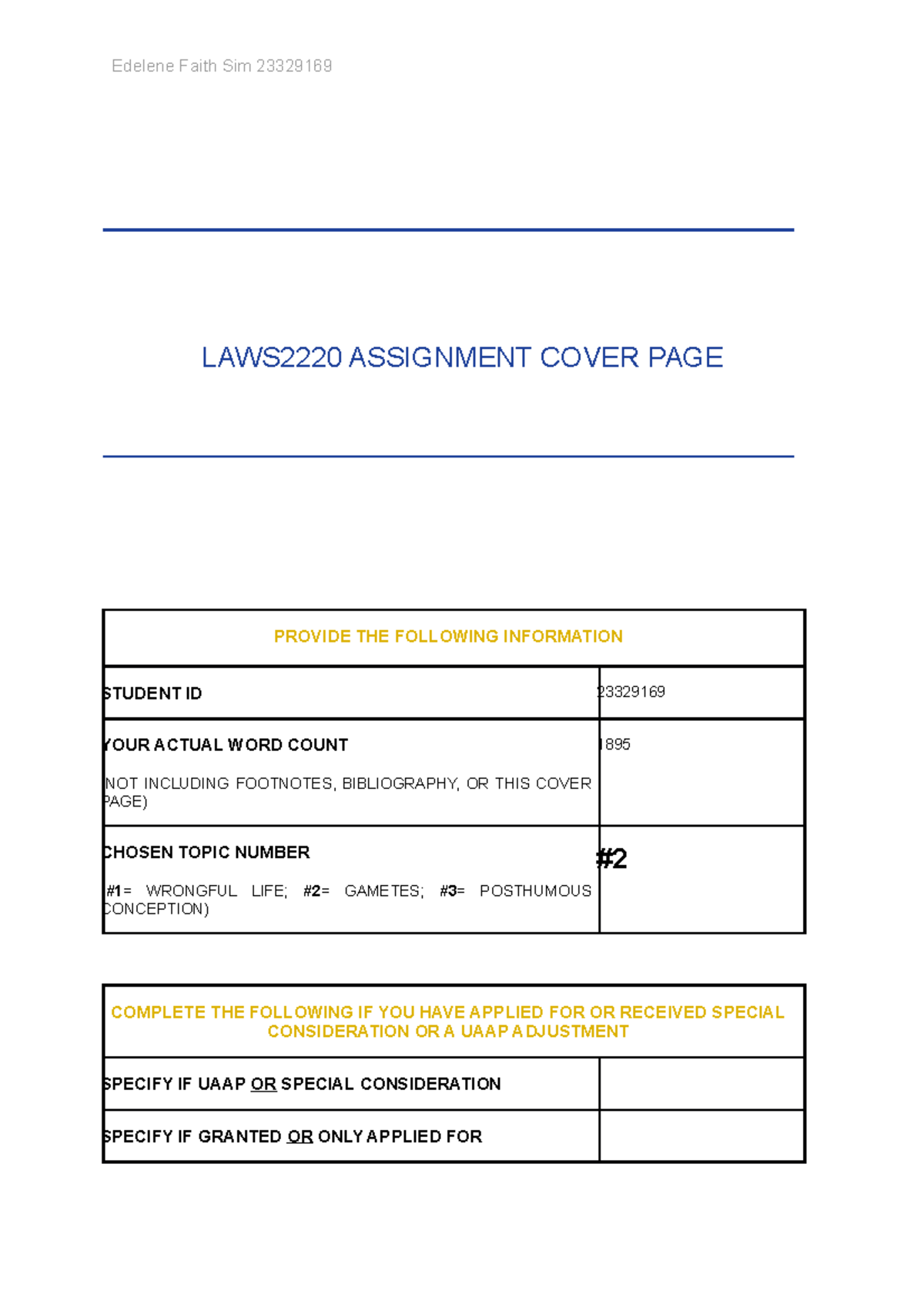 Laws2220 assignment - LAWS2220 ASSIGNMENT COVER PAGE PROVIDE THE ...