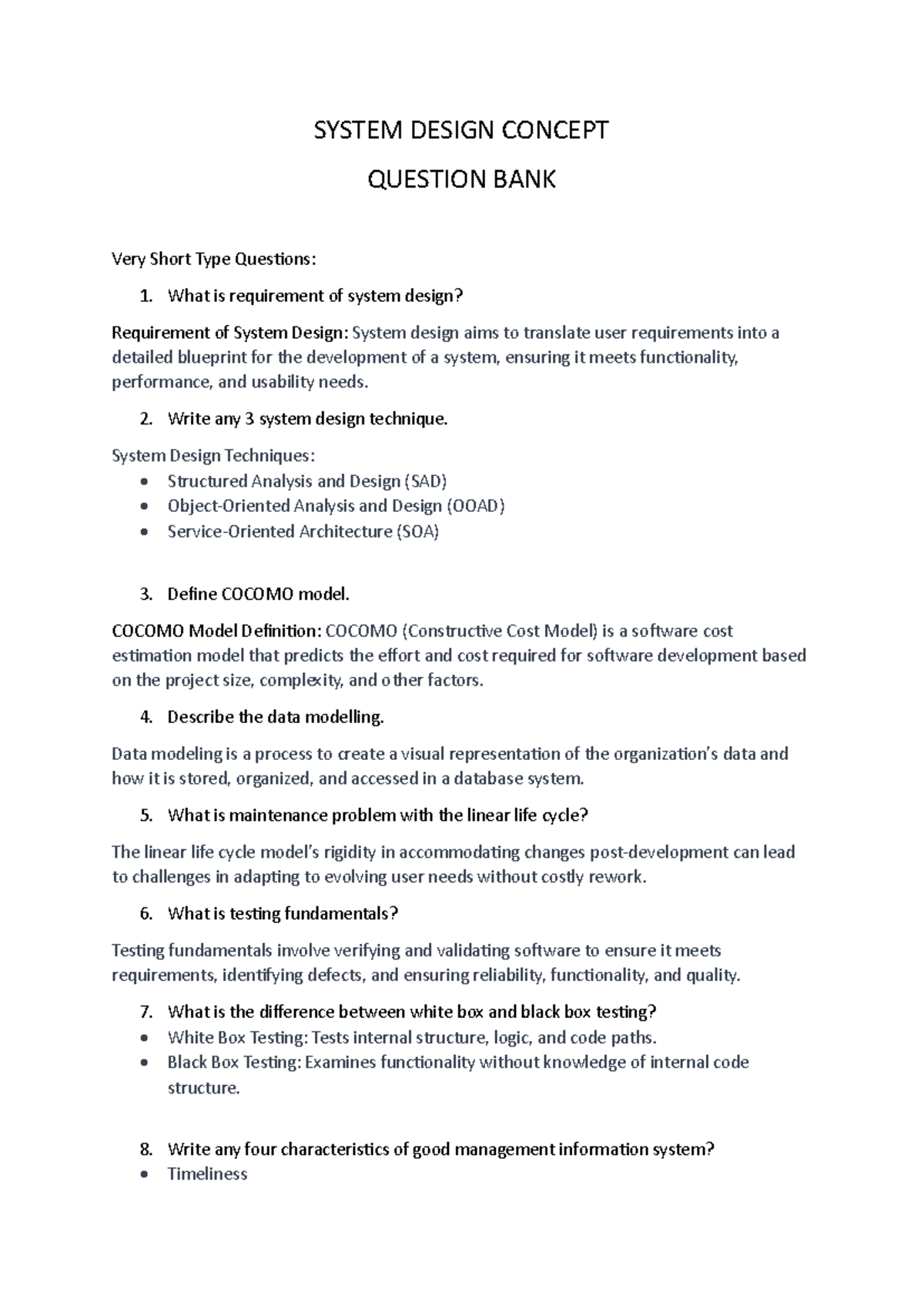 SAD Question Bank - SYSTEM DESIGN CONCEPT QUESTION BANK Very Short Type ...