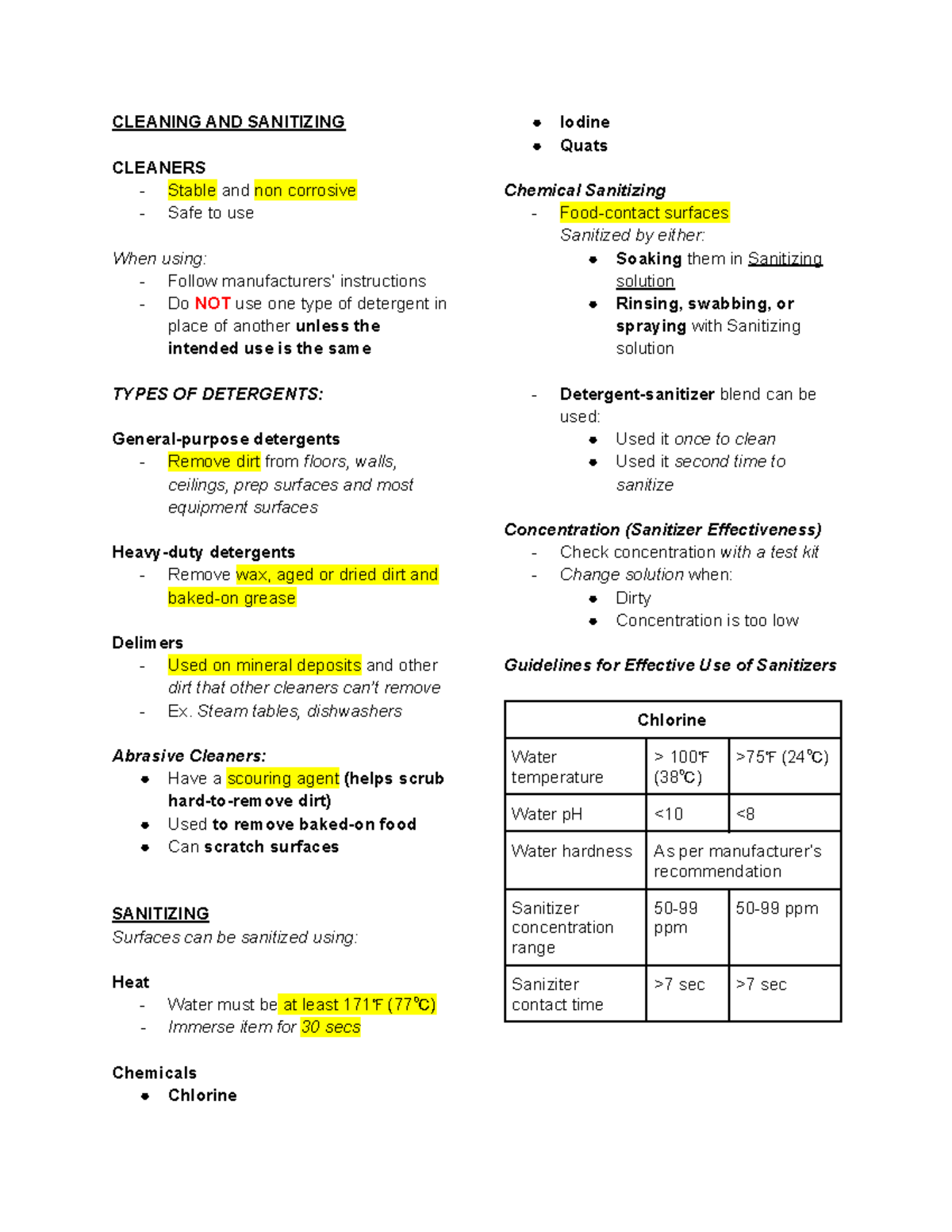 Quiz reviewerfinals CLEANING AND SANITIZING CLEANERS Stable and non