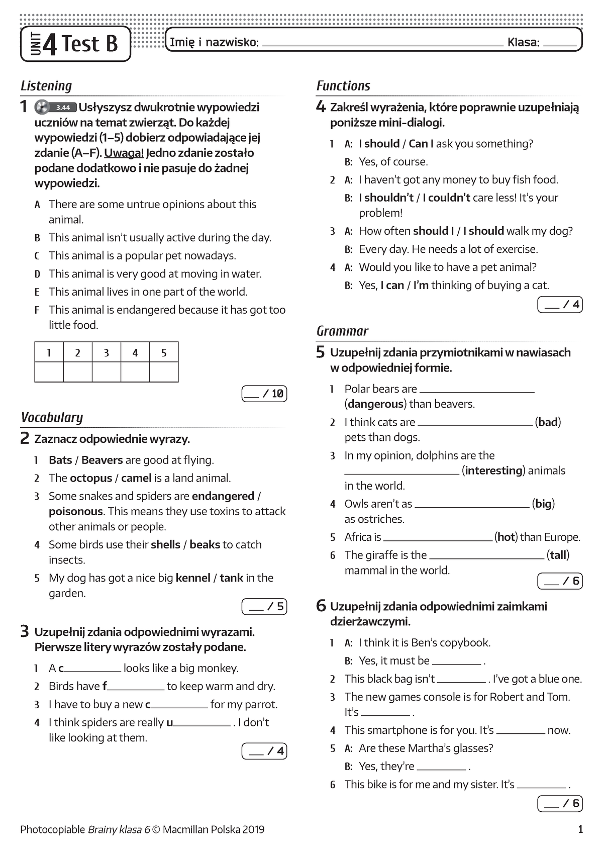 Brainy kl6 Unit Test 4 B - jest ok - UNIT 4 Test B Imię i nazwisko ...