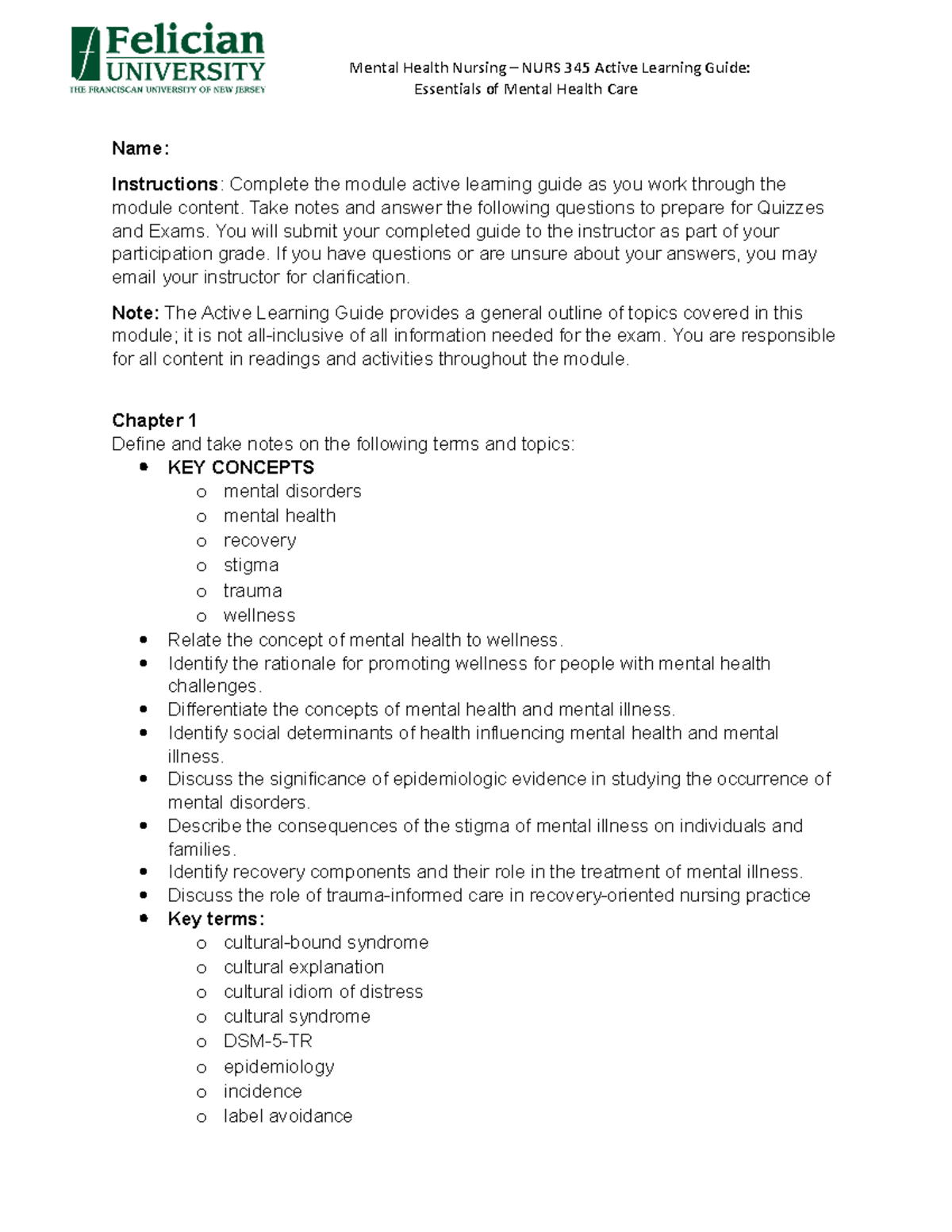 Active Learning Guide - Module 1 Essentials of Mental Health Care ...