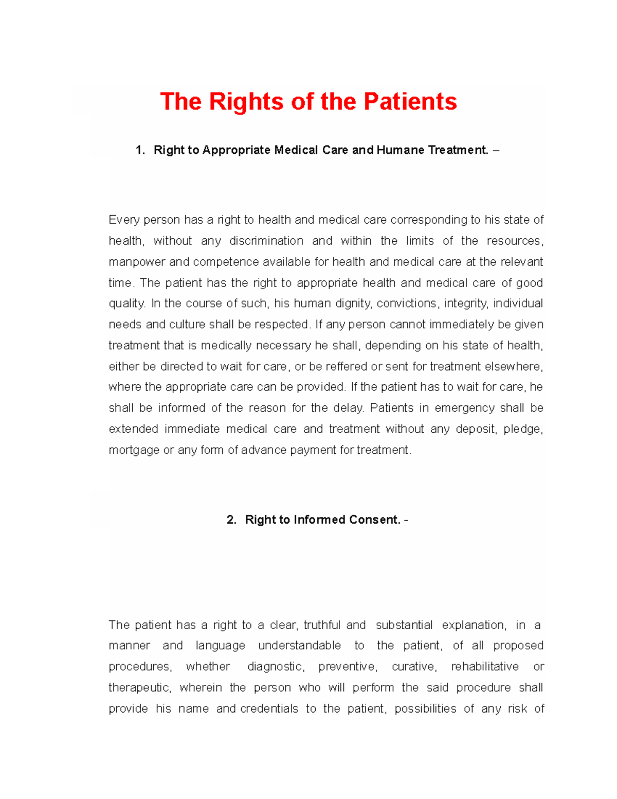 BILL OF Rights - NONE - The Rights Of The Patients 1. Right To ...