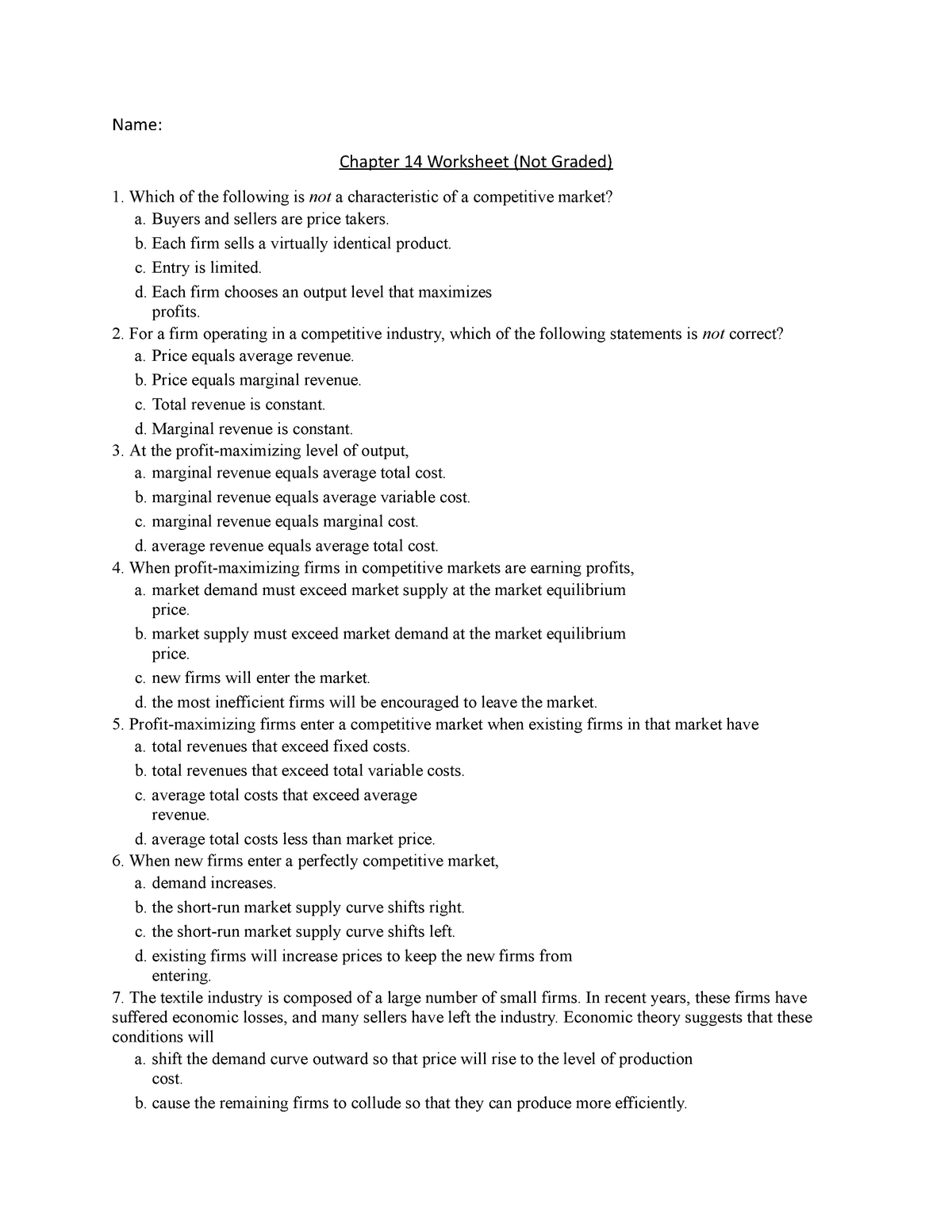 Chapter 14 Worksheet Not Graded Name Chapter 14 Worksheet Not Graded 1 Which Of The