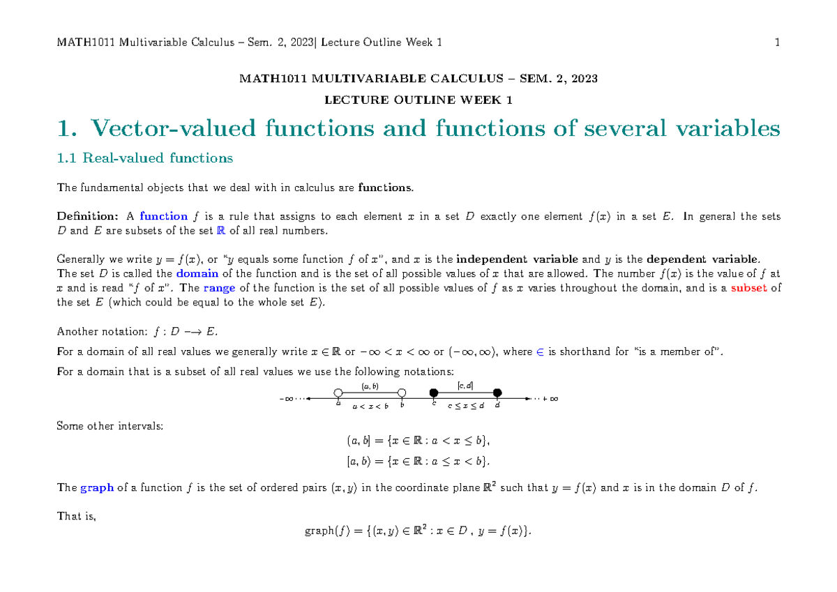 M1011 Lecture Outline Week1 - MATH1011 MULTIVARIABLE CALCULUS – SEM. 2 ...