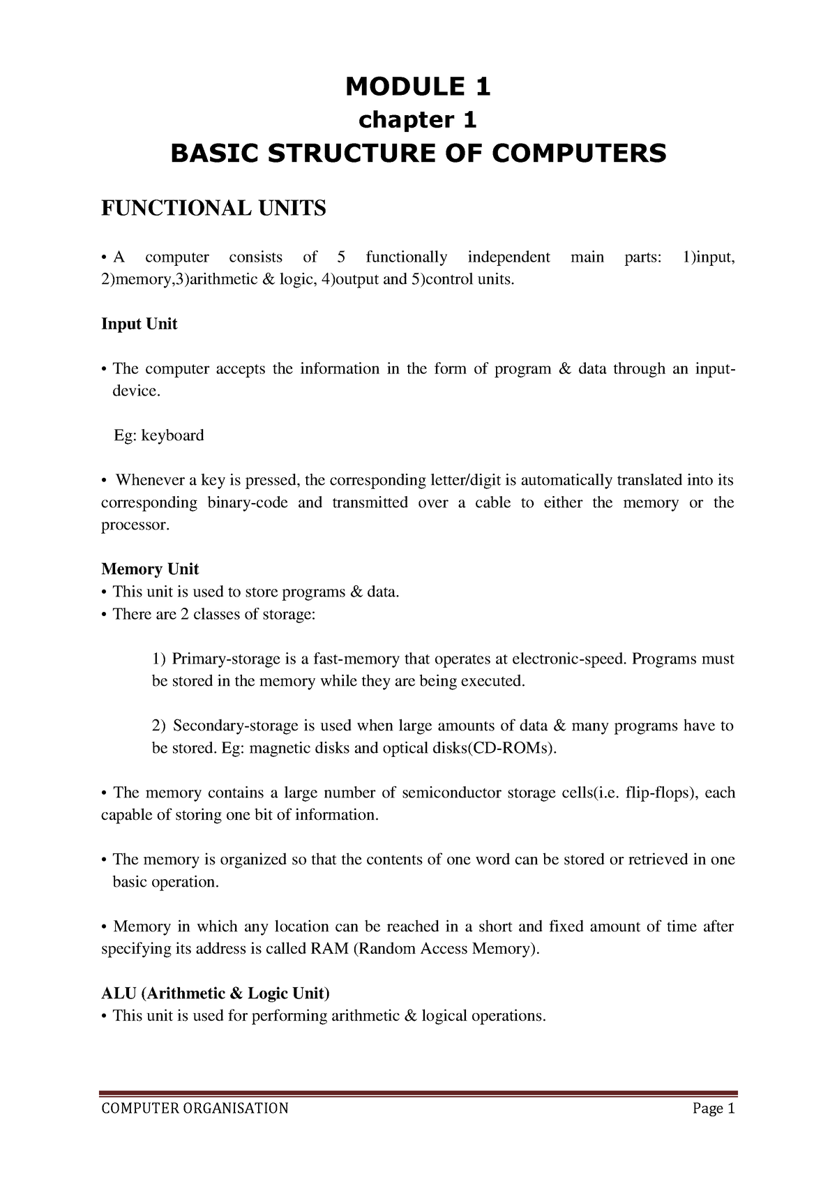 Module 1 - MODULE 1 chapter 1 BASIC STRUCTURE OF COMPUTERS FUNCTIONAL ...