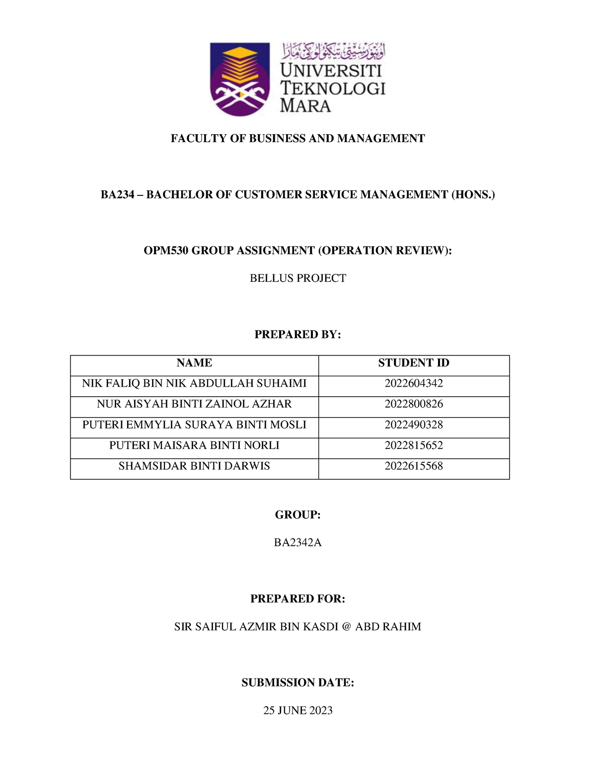 OPM530 Group Assignment ( Operation Review) - FACULTY OF BUSINESS AND ...