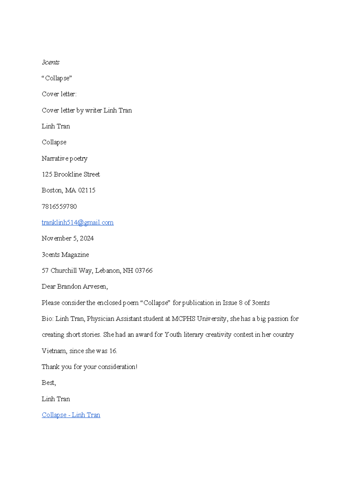 Publication assignment - 3cents “Collapse” Cover letter: Cover letter ...