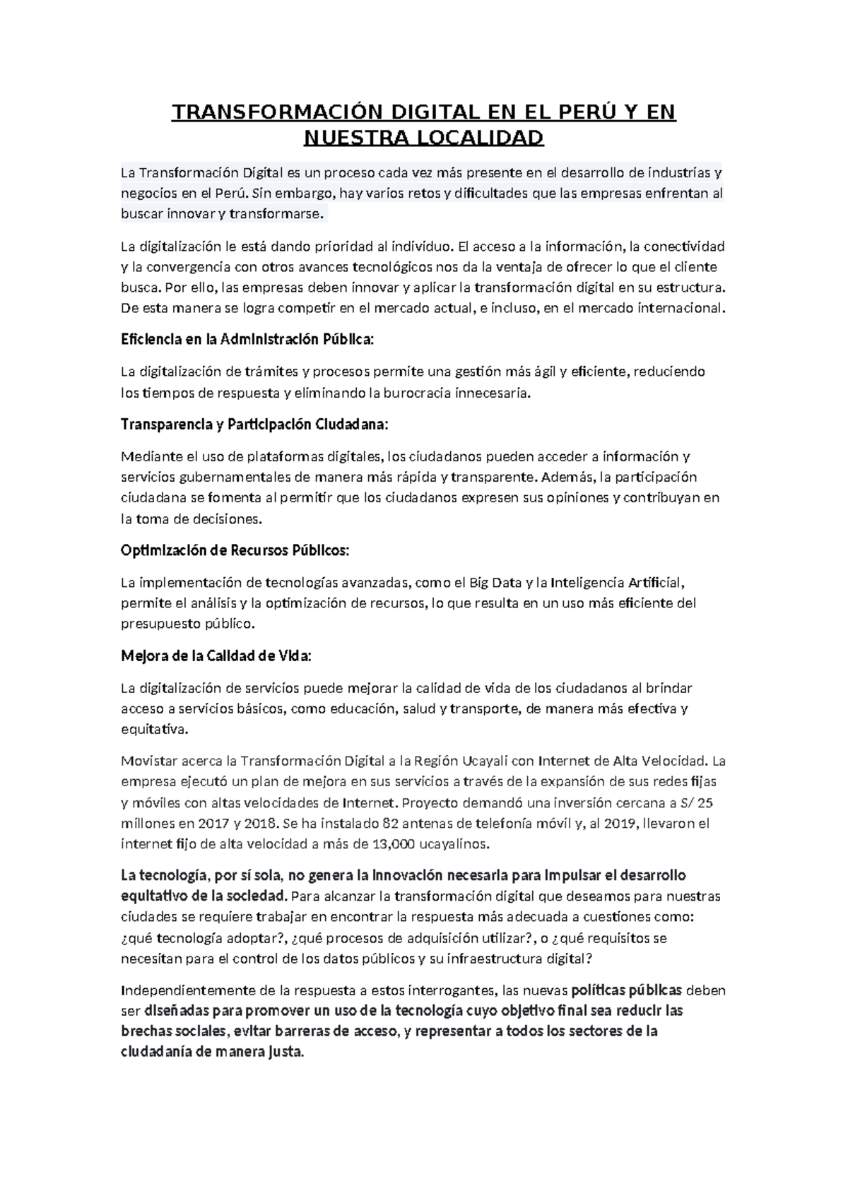 Transformación Digital EN EL PERÚ Y EN Nuestra Localidad ...