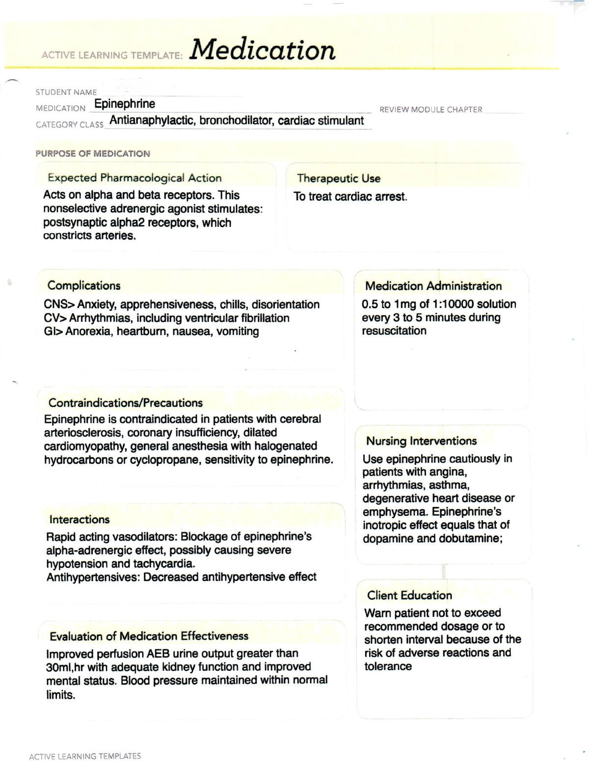 ATI Epinephrine Medication Sheet PNSG 2240 Studocu