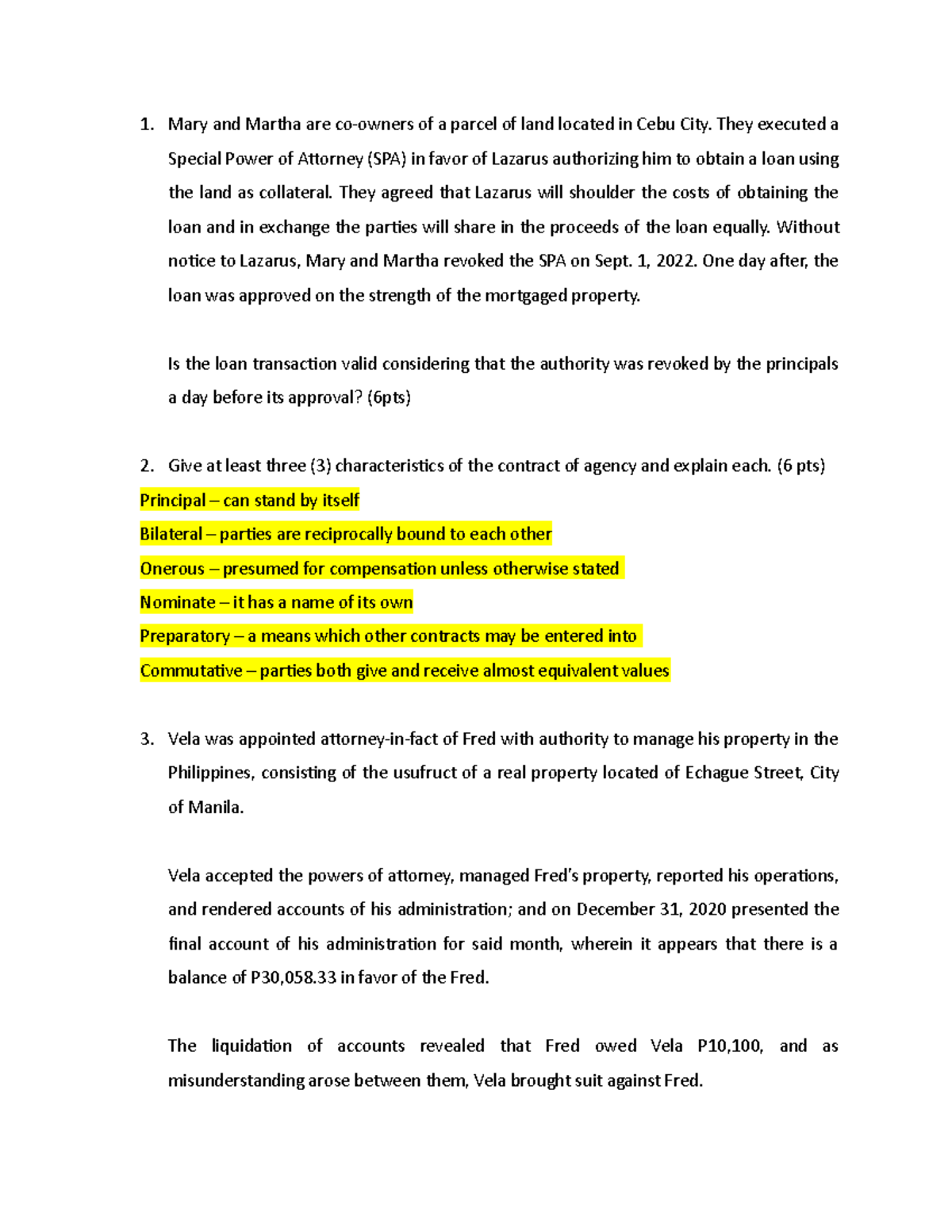 Agency+Exam - prelim exam - 1. Mary and Martha are of a parcel of land ...