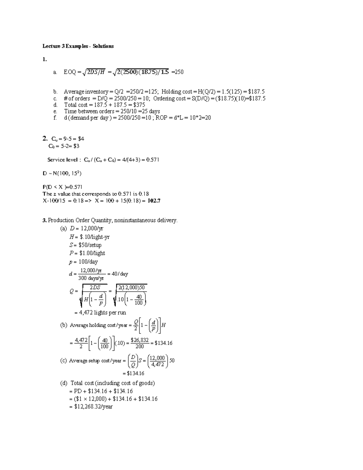 Lecture 3 Examples - notes - Lecture 3 Examples - Solutions 1. a. EOQ ...