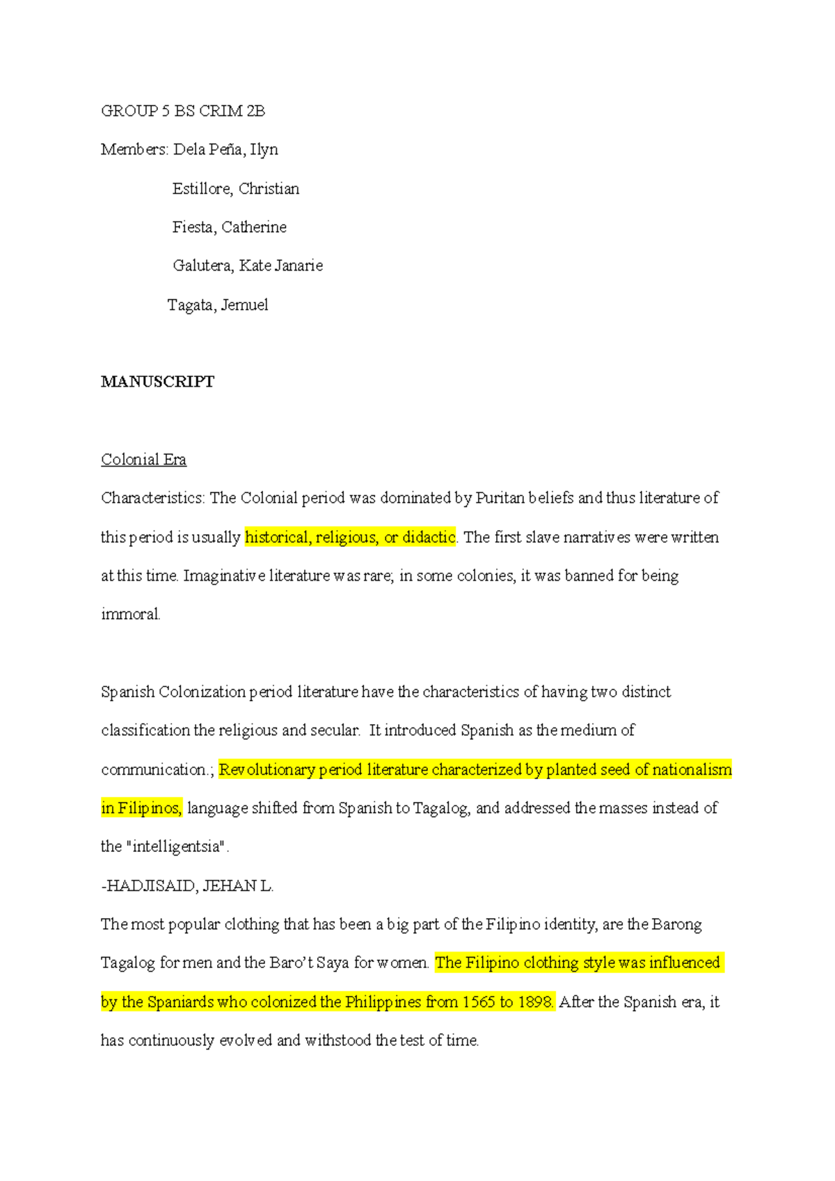 philippine history manuscript - GROUP 5 BS CRIM 2B Members: Dela Peña ...