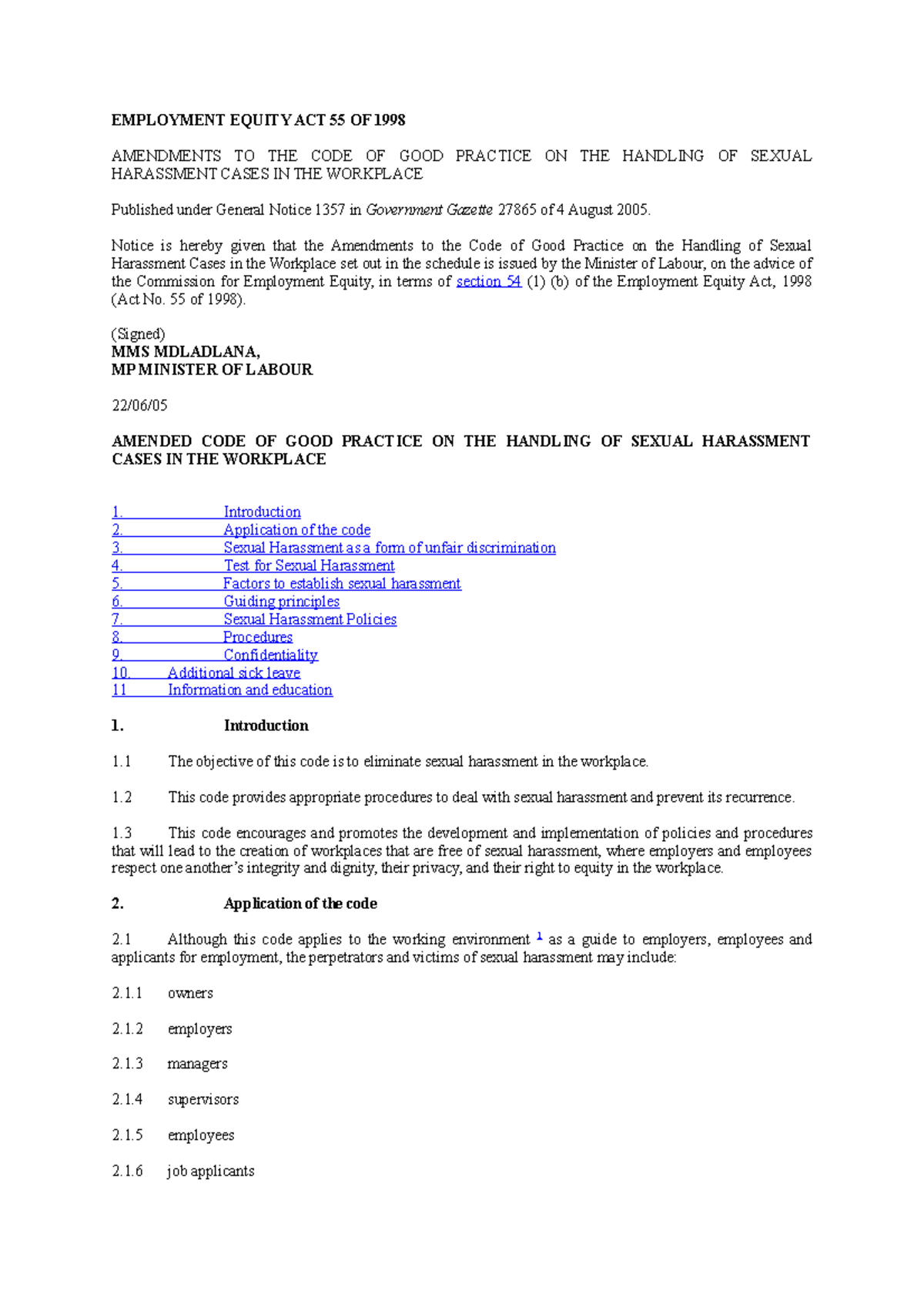 Employment Equity ACT 55 OF 1998 Sexual Harassment Code - EMPLOYMENT ...
