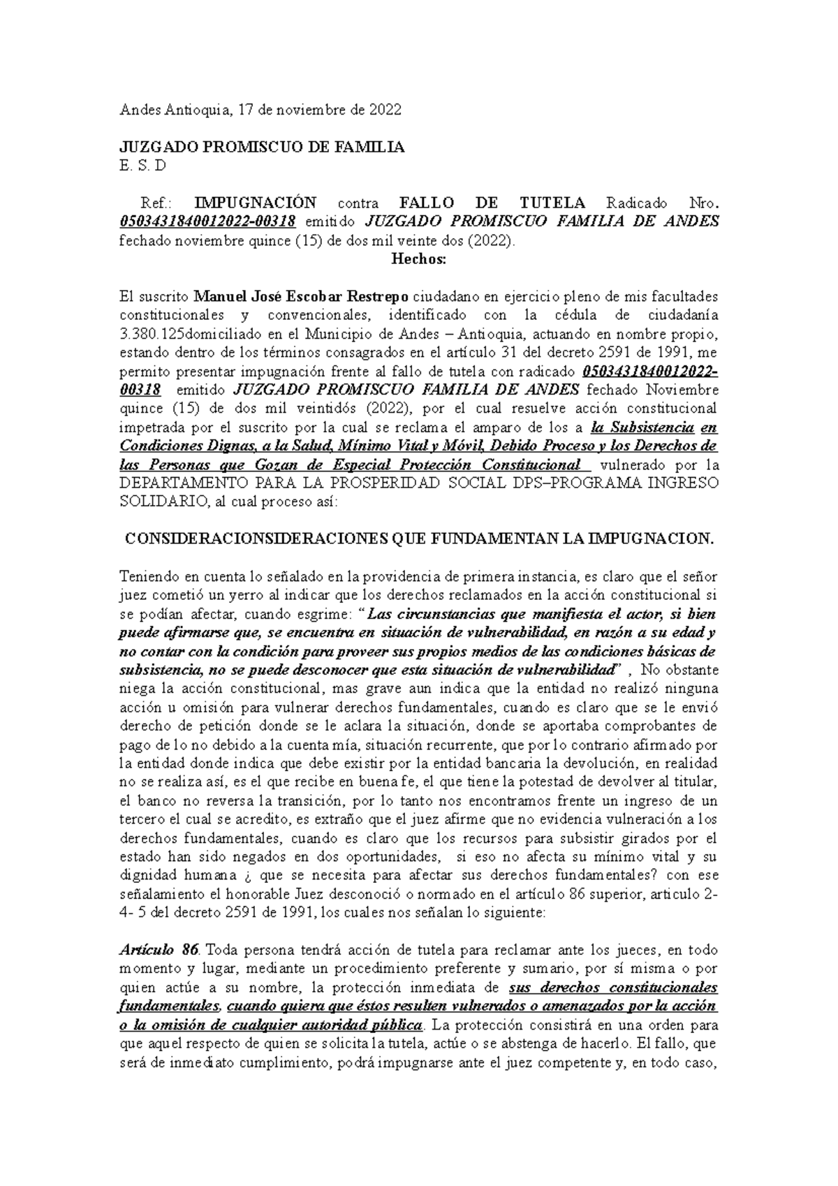 Impugnacion Fallo DE Tutela - Andes Antioquia, 17 de noviembre de 2022 ...