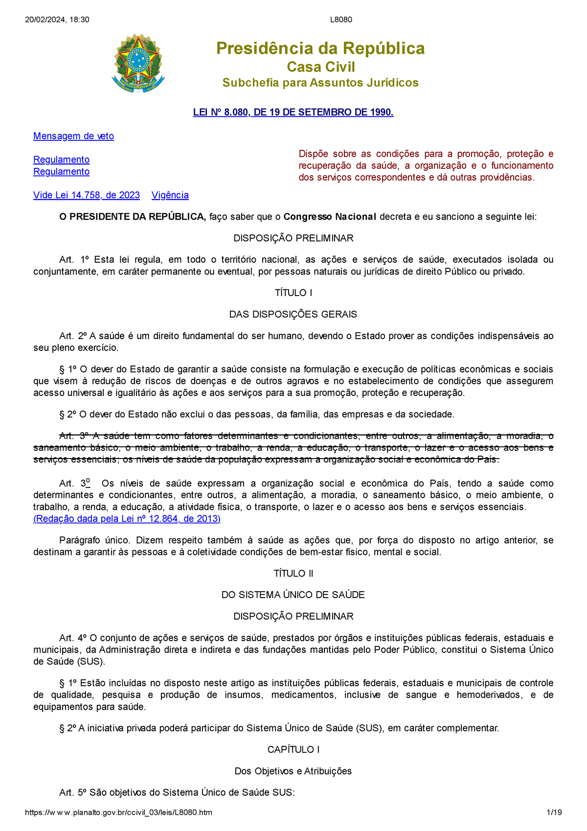 LEI 8080 - Lei - Presidência Da República Casa Civil Subchefia Para ...