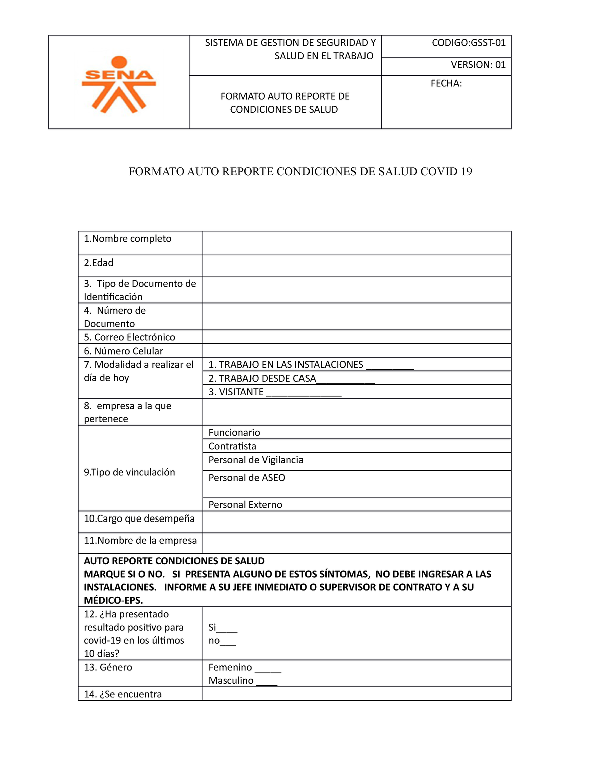 Formato AUTO Reporte Condiciones DE Salud Covid 19 - SISTEMA DE GESTION DE  SEGURIDAD Y SALUD EN EL - Studocu