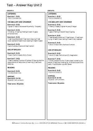 Focus 4 2E Test Unit1 Answers - Test – Answer Key Unit 1 © Pearson ...