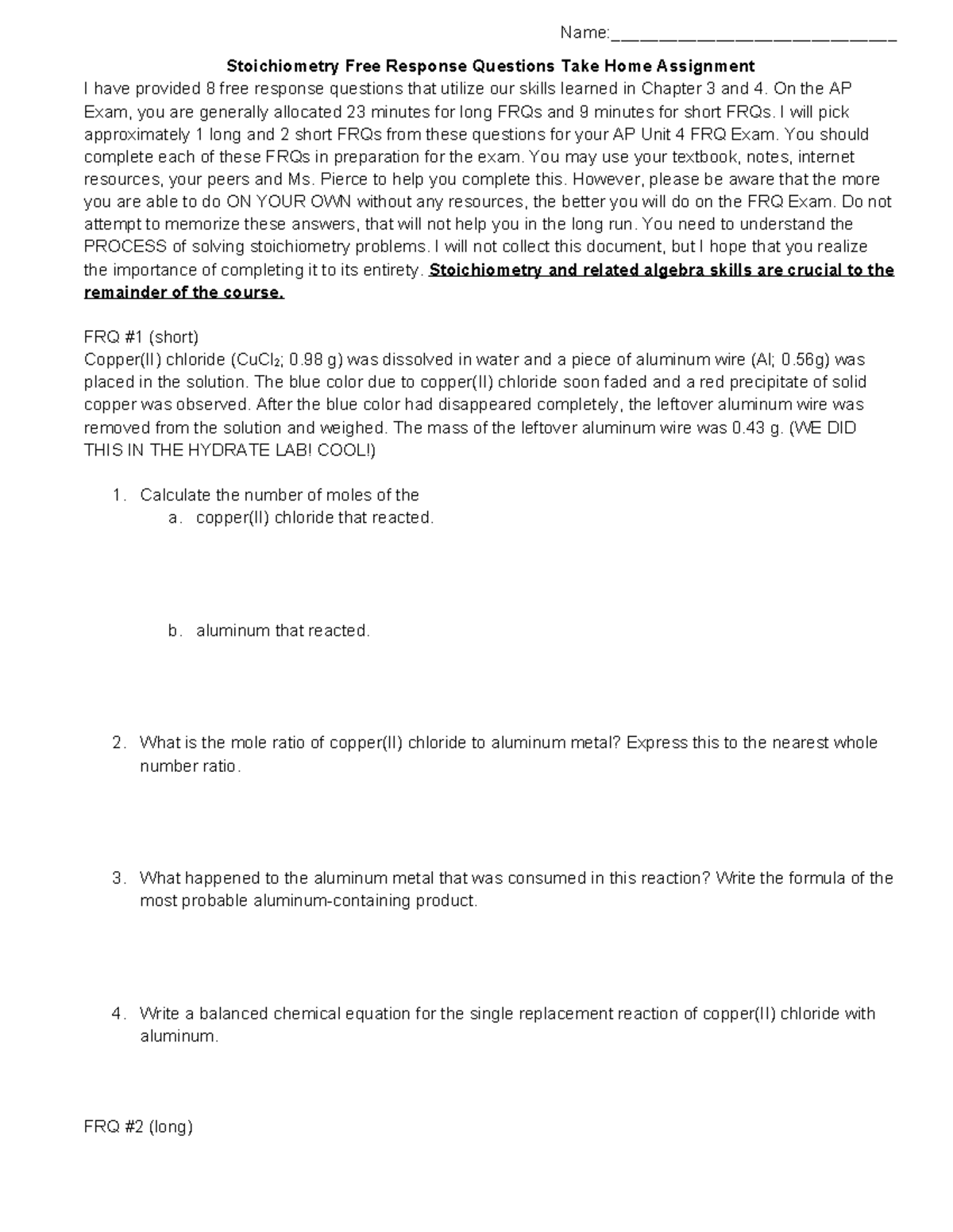 AP4.9-Stoichiometry FRQ Take Home - Stoichiometry Free Response ...