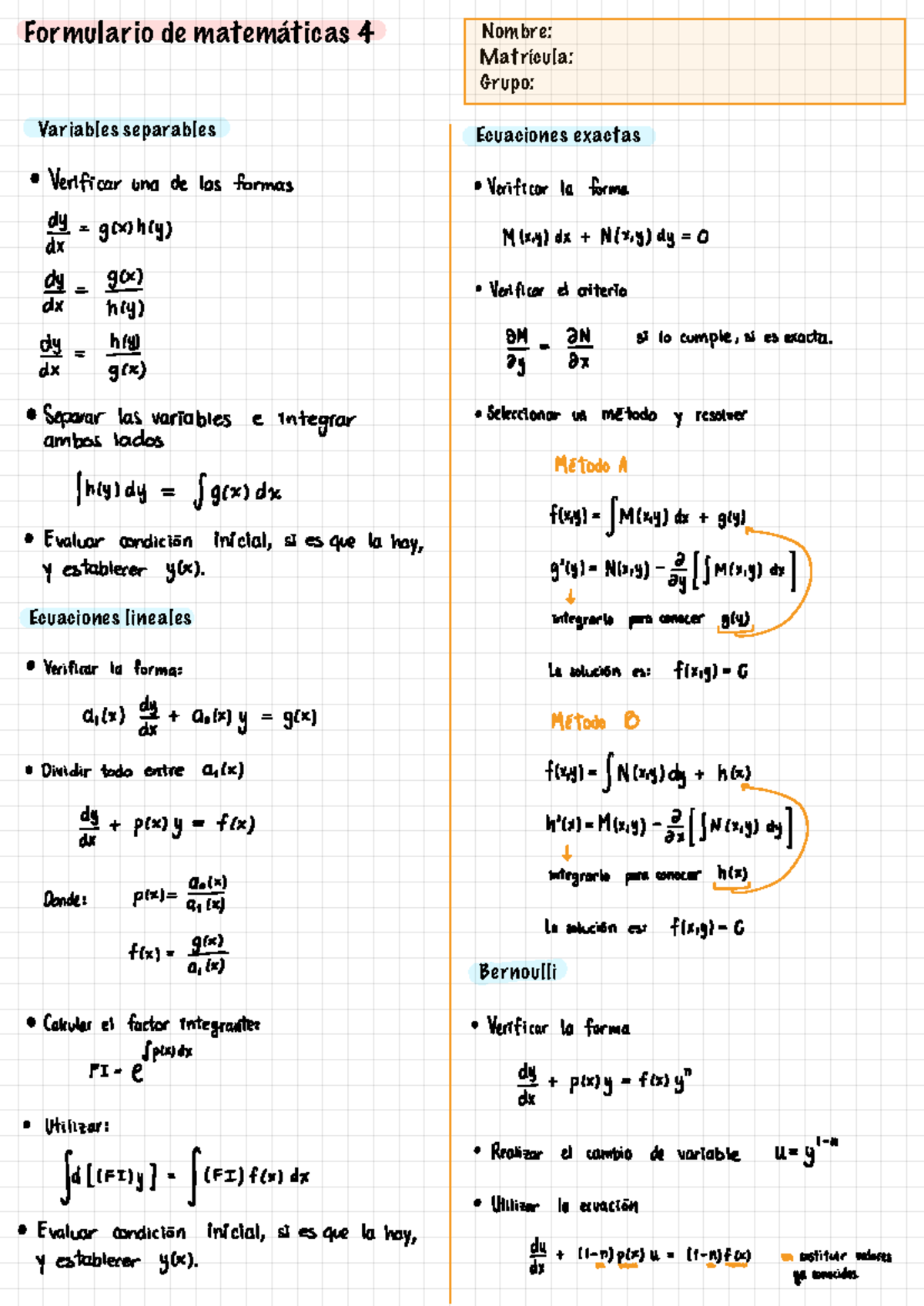 Formulario matemáticas 4 - ax Separar las variables e integrar ...