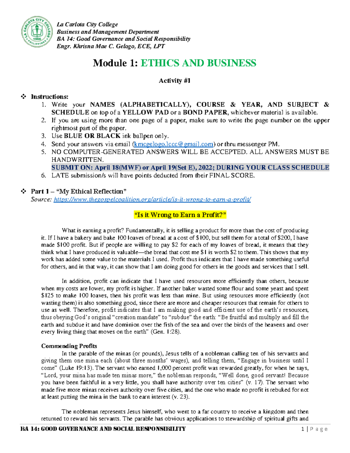 BA14 Activity#1 (Module 1) - La Carlota City College Business and ...