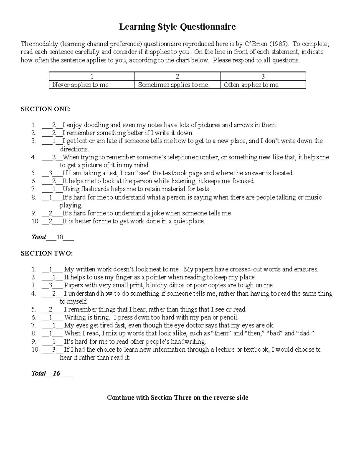 NR 222 Week 4 Learning Style Questionnaire - Learning Style ...